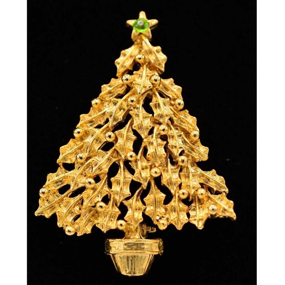 Vintage Christmas Tree Pin Brooch Bushed Gold Green Rhinestone Holiday BinA10